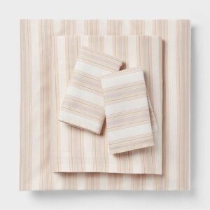 Room Essentials - King Cotton Blend Sateen Sheet Set Ivory/Pink Text Ivory/Pink